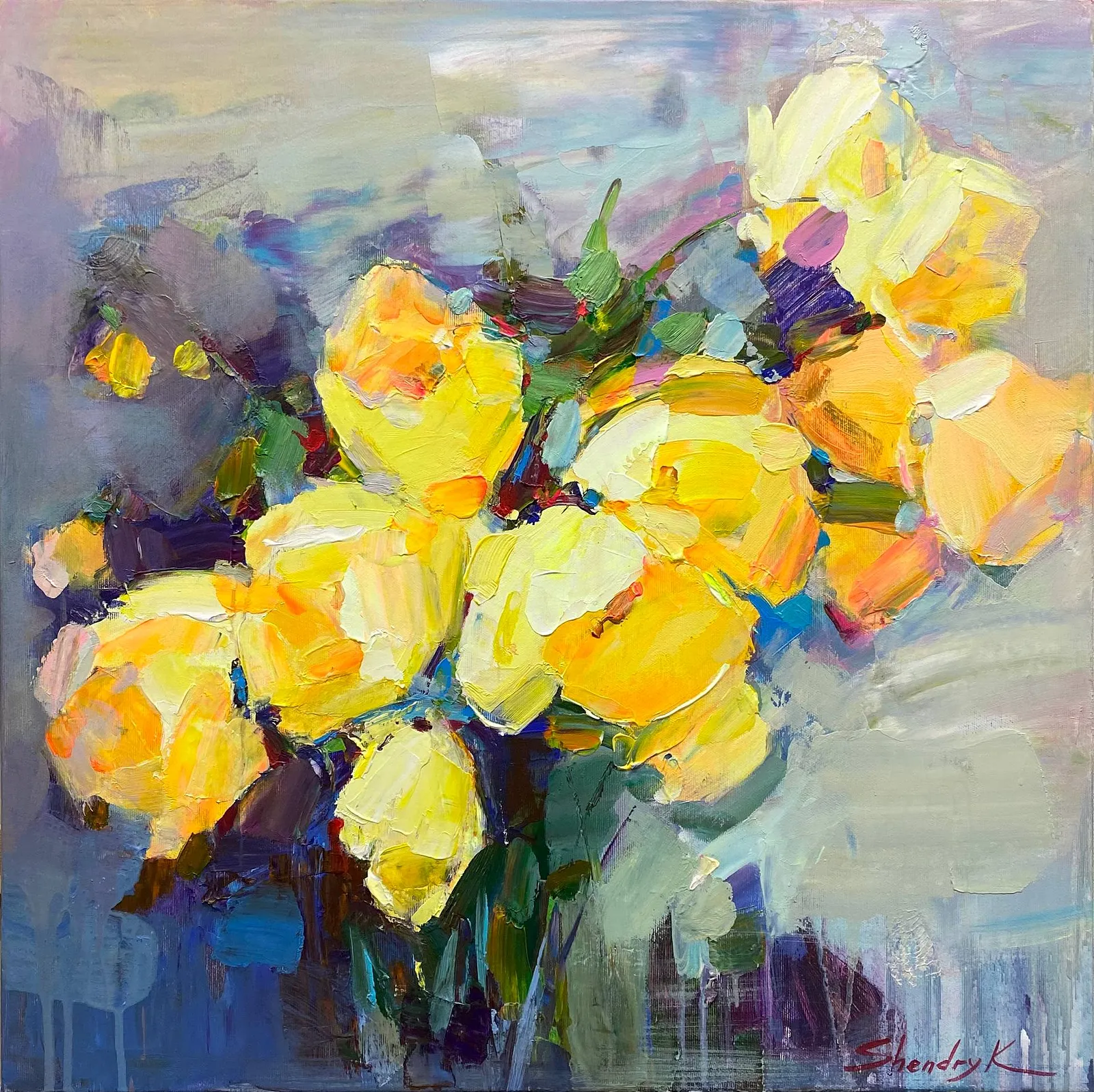 Image of SUNLIT BOUQUET by Tetiana Shendryk, size: 60 × 60 cm, made of acrylic on canvas, Painting medium, priced at $400 Photo 1 of 4.