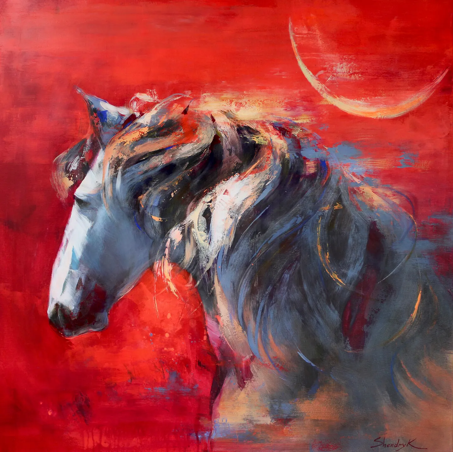 Image of SPIRIT IN CRIMSON by Tetiana Shendryk, size: 100 × 100 cm, made of acrylic on canvas, Painting medium, priced at Price on request Photo 1 of 3.