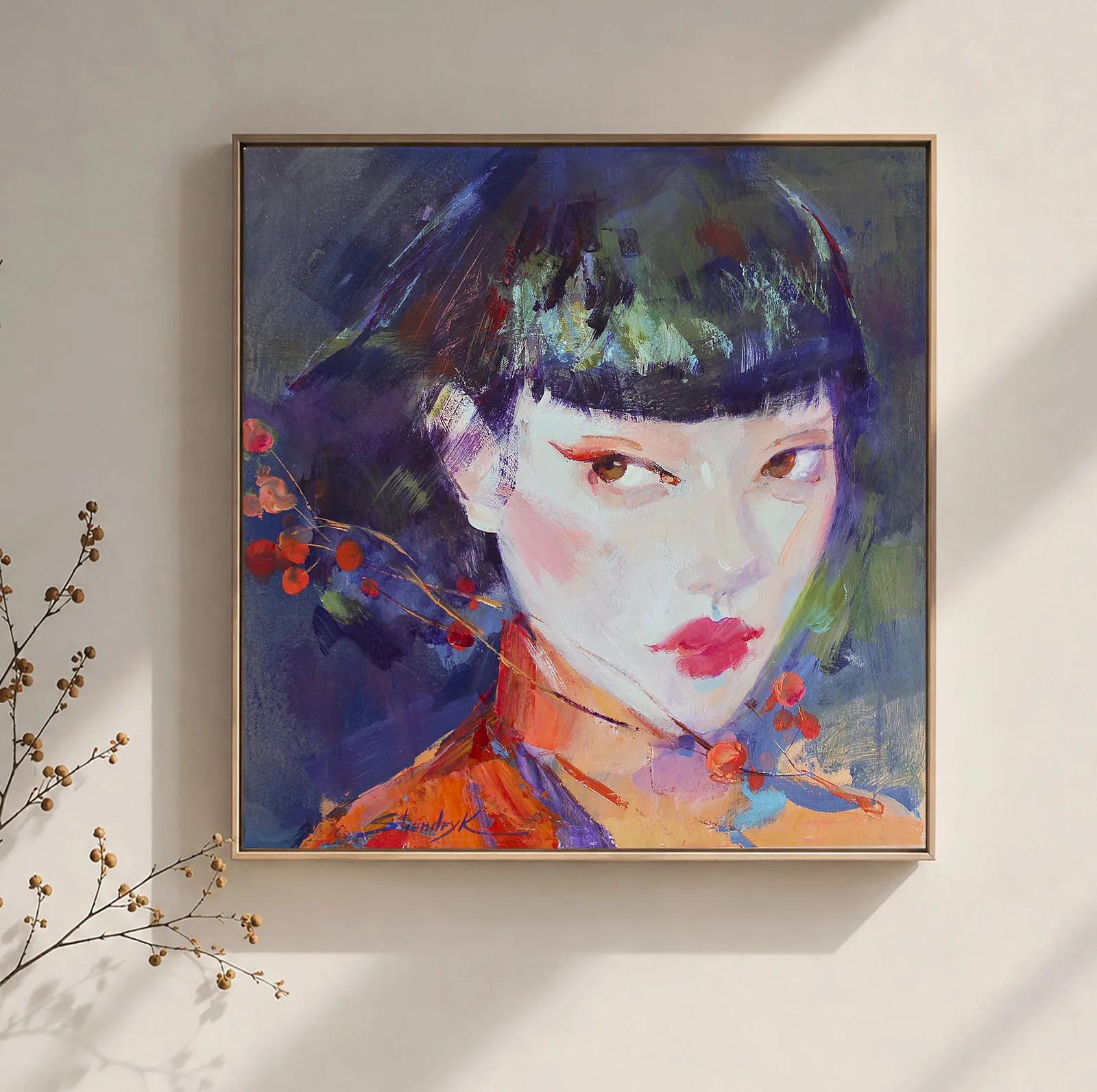 Image of Scarlet Branch by Tetiana Shendryk, size: 50x 50 cm, made of acrylic on canvas, Painting medium, priced at $400 Photo 4 of 4.