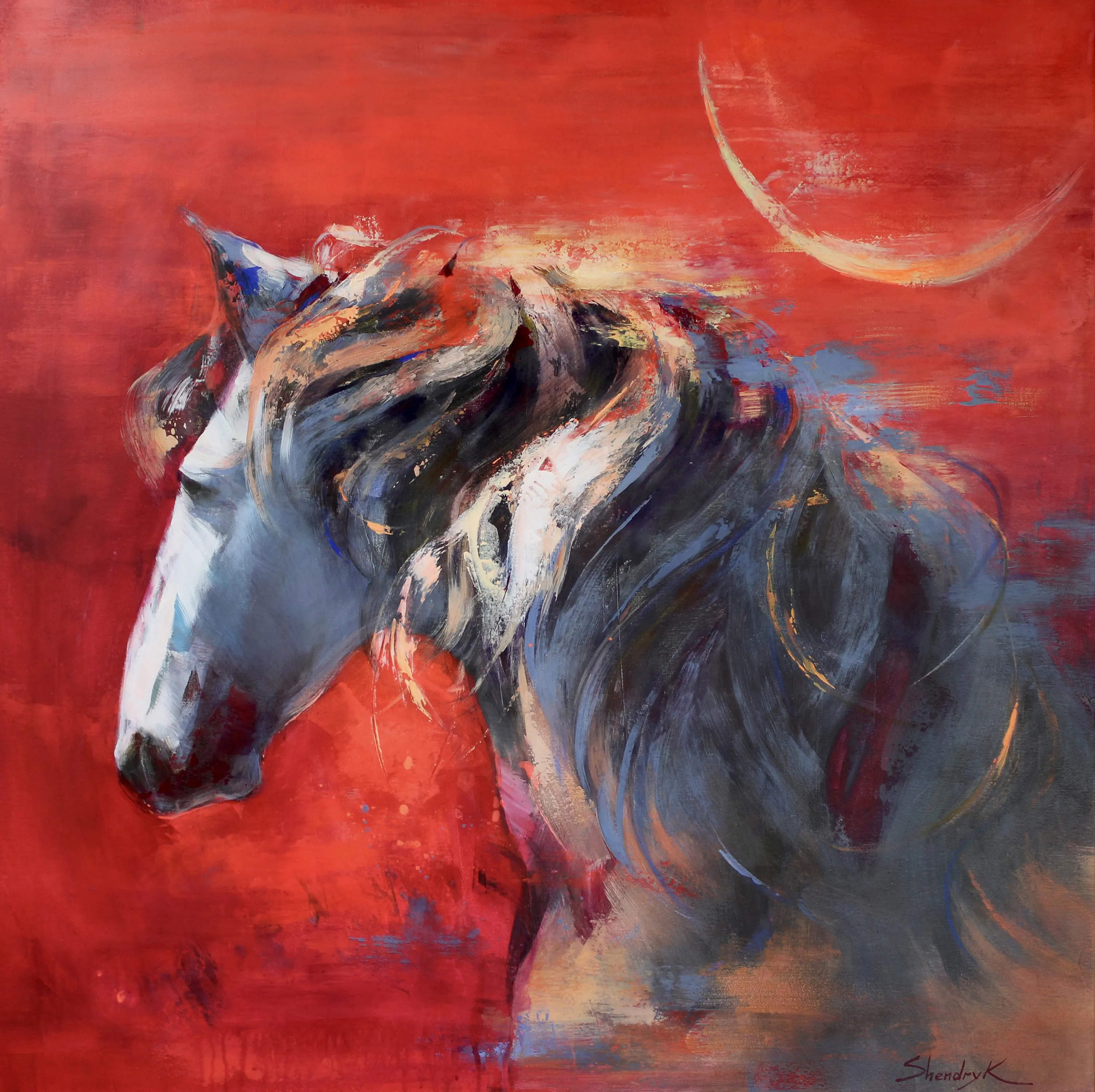 Image of SPIRIT IN CRIMSON by Tetiana Shendryk, size: 100 × 100 cm, made of acrylic on canvas, Painting medium, priced at Price on request Photo 3 of 3.