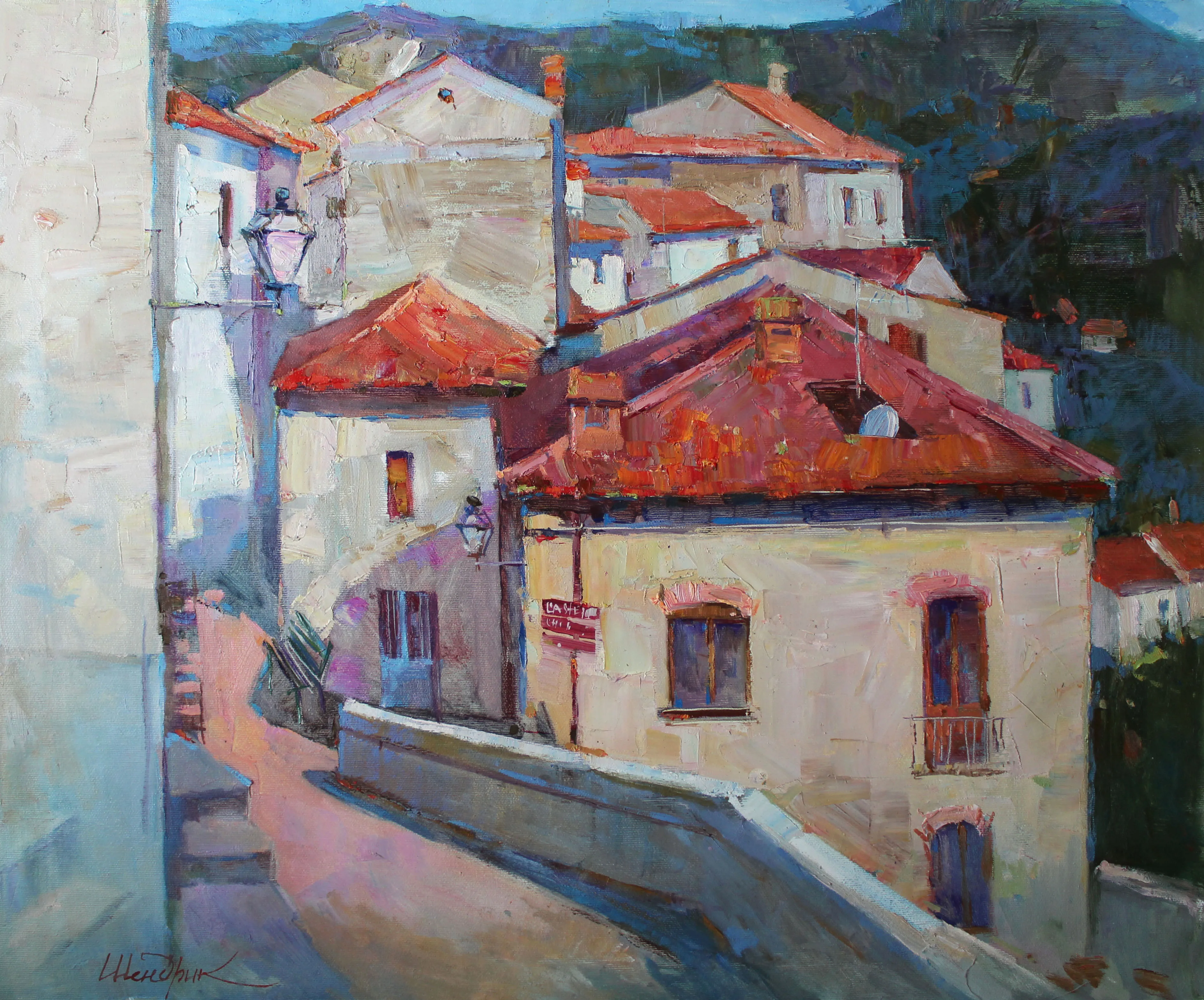 Image of Orange roofs of Valsinni by Tetiana Shendryk, size: 50 ×60 cm, made of Oil on canvas, Painting medium, priced at $400 Photo 1 of 4.